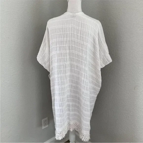 Aerie Womens White Crochet Fringe Hem Open Front Kimono Cover Up Cardigan OS - Picture 3 of 7